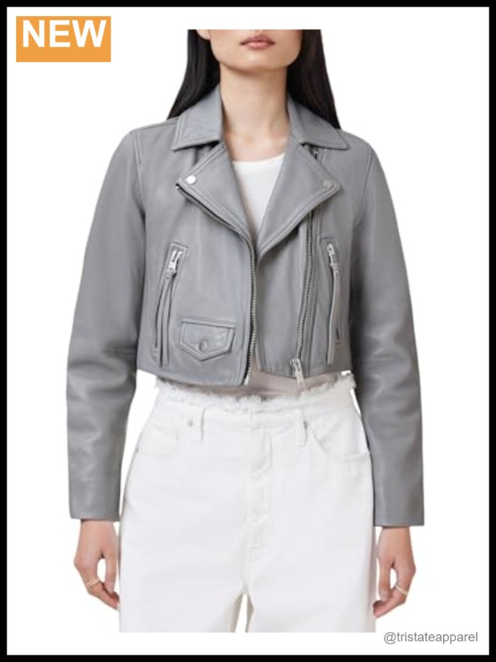 AllSaints Elora Women's Motorcycle Leather Jacket Long Sleeve Zipper Notch